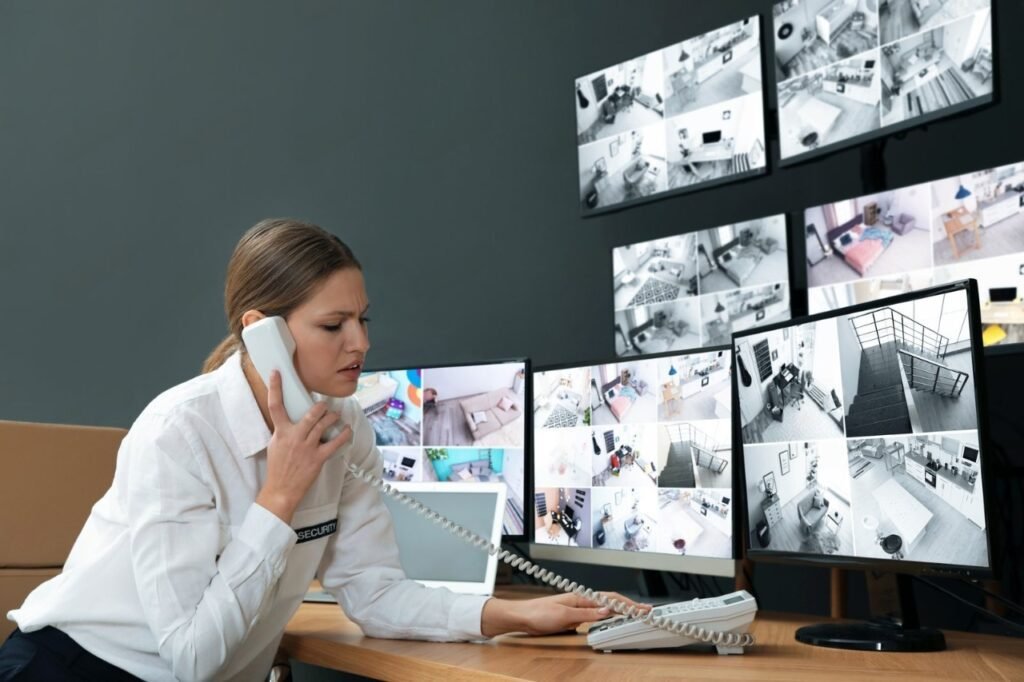 A female security professional talks on a landline phone with a concerned expression while actively watching a wall of multi-screen video feeds, representing the vigilant human expertise that determines overall CCTV Monitoring Costs in UK for premium CCTV Monitoring Services and Remote CCTV Monitoring.
